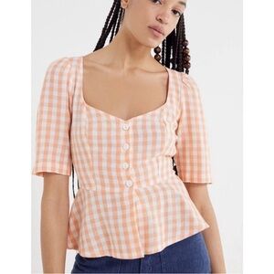 Urban Outfitters Orange Peach Gingham Check Peplum Blouse Cottagecore S/P Top
